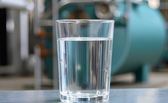Photo d'un verre d'eau en gros plan et d'une chaudière industrielle en arrière plan