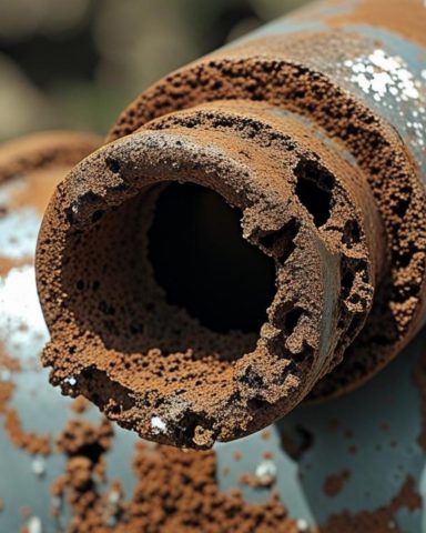 Photo d'un tuyau rongé et troué par la corrosion