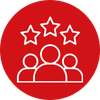 Pictogramme expertise avec trois personnages et trois étoiles au-dessus le tout en blanc sur un rond rouge.