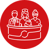 Pictogramme blanc avec du personnel soignant sur fond rouge pour représenter les conditions de travail optimales
