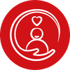 Pictogramme blanc avec un bras en demi-cercle entourant un petit bonhomme avec un cœur au-dessus de lui sur fond rouge représentant le confort des résidents des établissements de santé