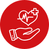 Pictogramme blanc avec une main tendue et un cœur dessiné avec la croix des établissements de soins sur fond rouge pour représenter la continuité des soins
