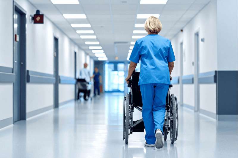 Photo d'un couloir d'hôpital avec une infirmière poussant un fauteuil roulant dans le couloir d'un hôpital