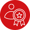 Pictogramme rouge représentant un bonhomme avec une certification d'expert