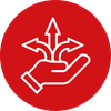 Pictogramme blanc avec une main et trois flèches partant dans 3 directions différentes le tout sur un rond rouge
