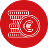 Pictogramme blanc représentant un petit tas de pièces de monnaie sur un rond rouge